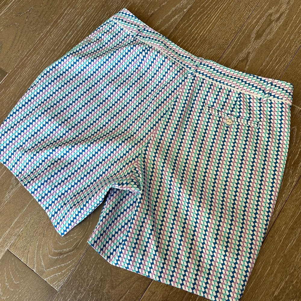 Lady Hagen, size 10, aqua, purple, white and navy pattern gold shorts. - Picture 2 of 4